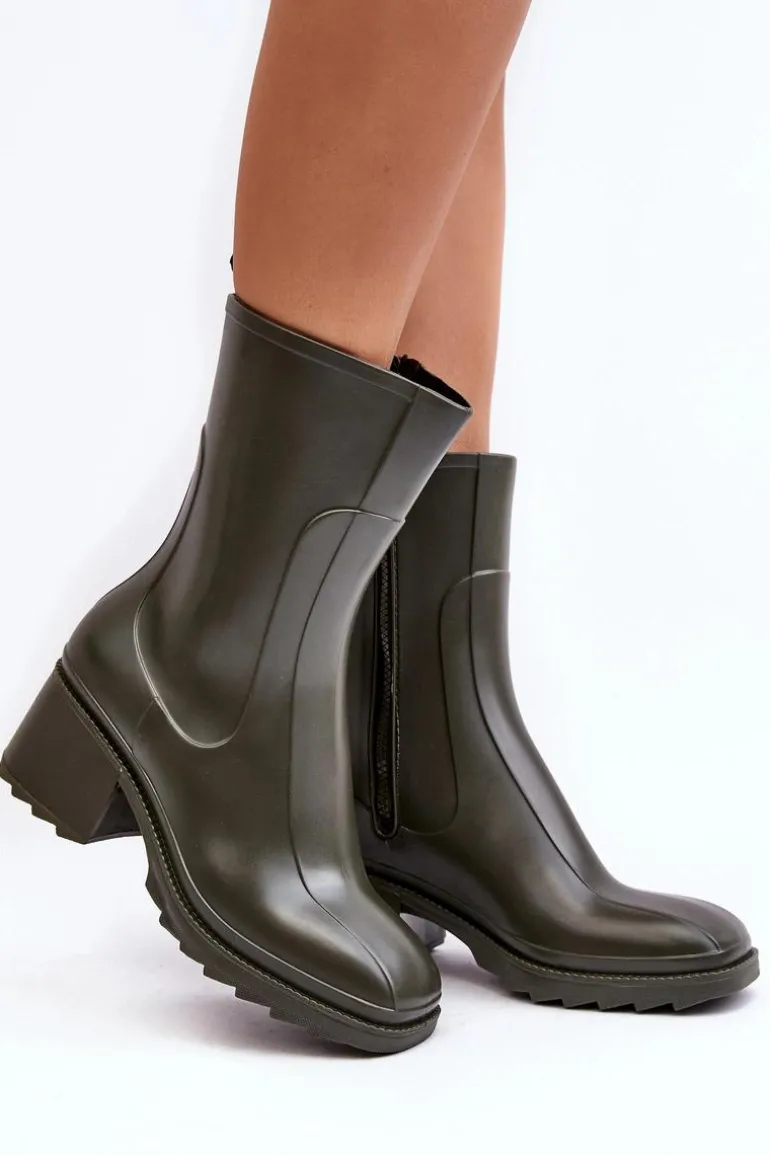Damskie Matowe Kalosze Botki Na Obcasie Ciemnozielone Bertaida