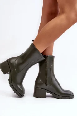 Damskie Matowe Kalosze Botki Na Obcasie Ciemnozielone Bertaida