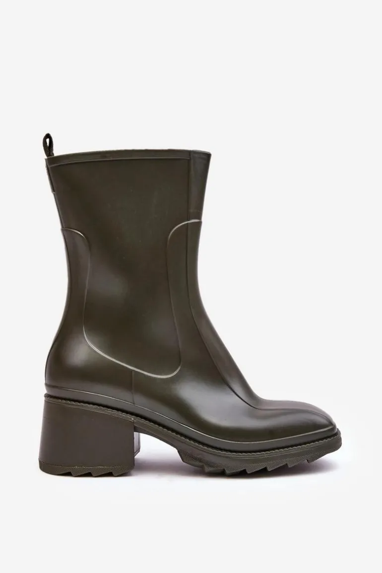 Damskie Matowe Kalosze Botki Na Obcasie Ciemnozielone Bertaida