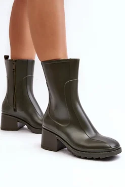 Damskie Matowe Kalosze Botki Na Obcasie Ciemnozielone Bertaida