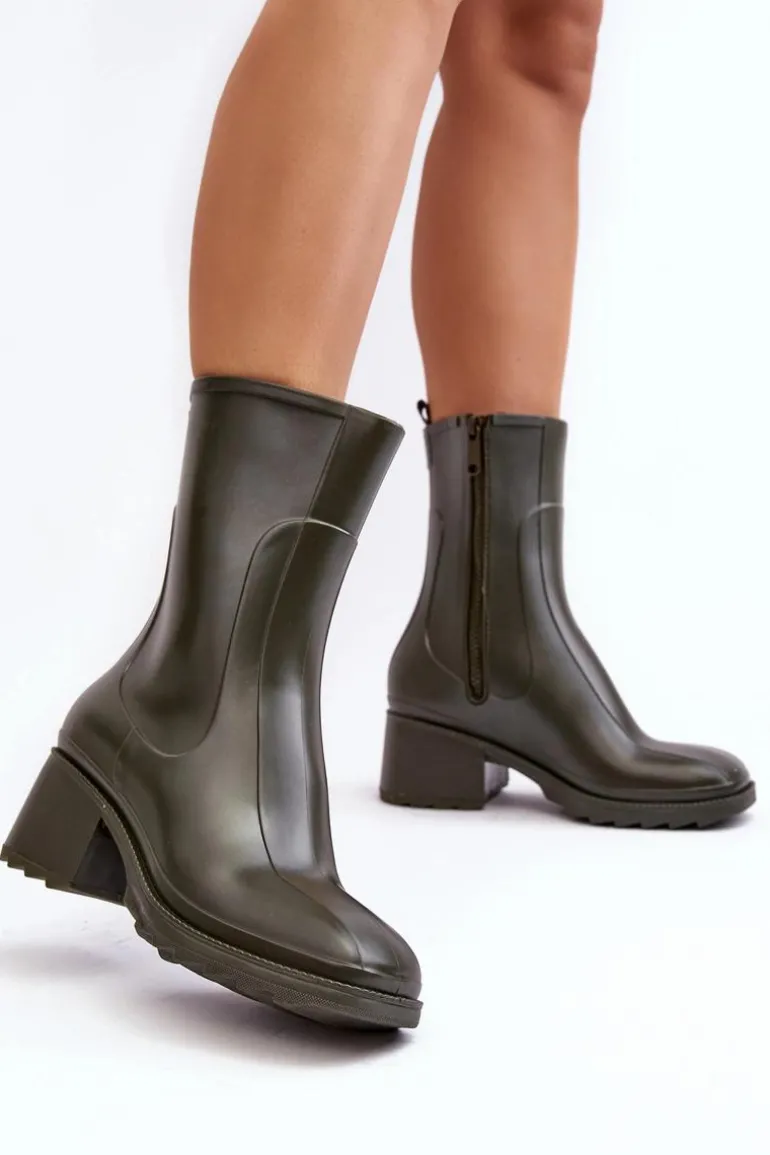 Damskie Matowe Kalosze Botki Na Obcasie Ciemnozielone Bertaida