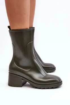 Damskie Matowe Kalosze Botki Na Obcasie Ciemnozielone Bertaida