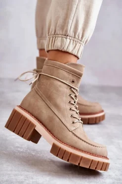 Damskie Modne Botki Ocieplane Beżowe Gerda
