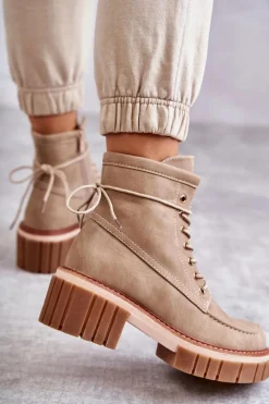 Damskie Modne Botki Ocieplane Beżowe Gerda