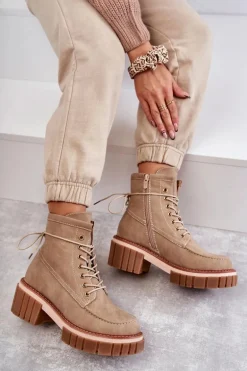 Damskie Modne Botki Ocieplane Beżowe Gerda