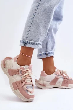 Damskie Modne Buty Sportowe Sznurowane Beżowo-Różowe Chillout!