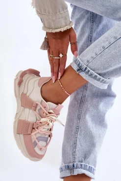 Damskie Modne Buty Sportowe Sznurowane Beżowo-Różowe Chillout!