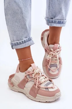 Damskie Modne Buty Sportowe Sznurowane Beżowo-Różowe Chillout!