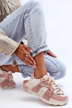 Damskie Modne Buty Sportowe Sznurowane Beżowo-Różowe Chillout!