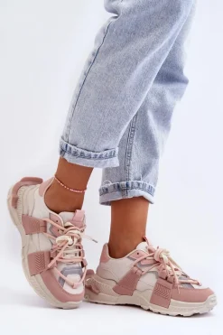 Damskie Modne Buty Sportowe Sznurowane Beżowo-Różowe Chillout!