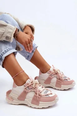 Damskie Modne Buty Sportowe Sznurowane Beżowo-Różowe Chillout!