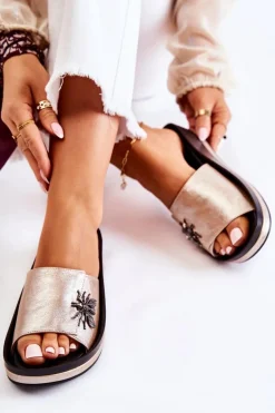 Damskie Modne Klapki Z Ozdobą Złote Holle