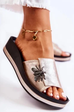 Damskie Modne Klapki Z Ozdobą Złote Holle