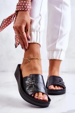 Damskie Modne Klapki Z Ozdobą Czarne Holle