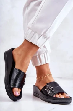 Damskie Modne Klapki Z Ozdobą Czarne Holle