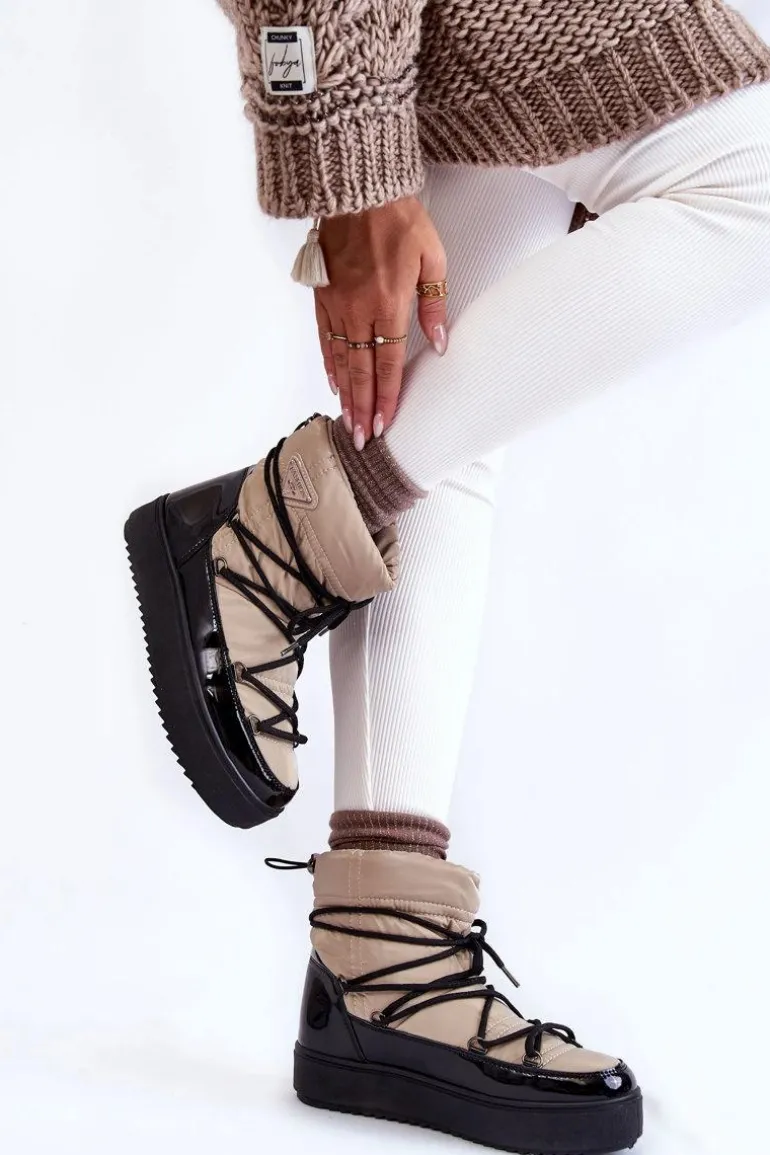 Damskie Modne Śniegowce Sznurowane Beżowo-Czarne Carrios