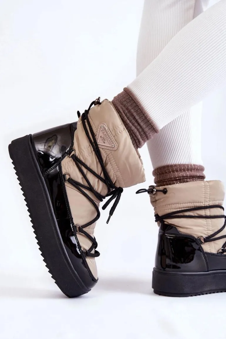 Damskie Modne Śniegowce Sznurowane Beżowo-Czarne Carrios