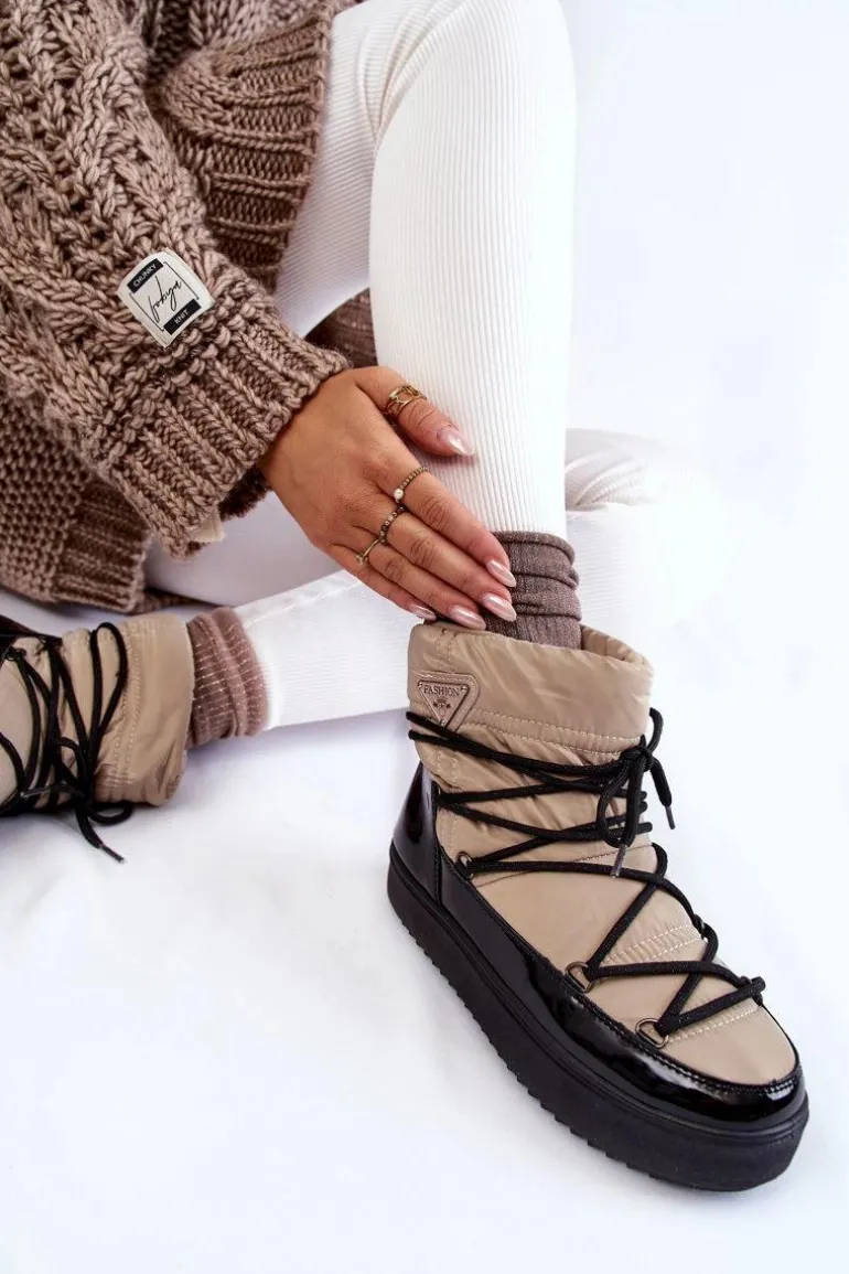 Damskie Modne Śniegowce Sznurowane Beżowo-Czarne Carrios