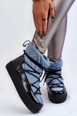 Damskie Modne Śniegowce Sznurowane Niebieskie Carrios