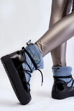 Damskie Modne Śniegowce Sznurowane Niebieskie Carrios