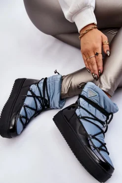 Damskie Modne Śniegowce Sznurowane Niebieskie Carrios