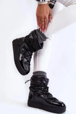 Damskie Modne Śniegowce Sznurowane Czarne Carrios