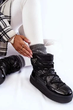 Damskie Modne Śniegowce Sznurowane Czarne Carrios