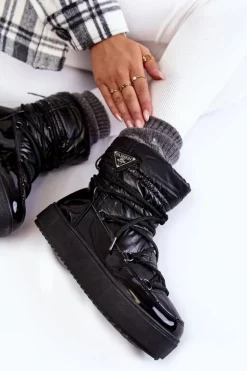 Damskie Modne Śniegowce Sznurowane Czarne Carrios