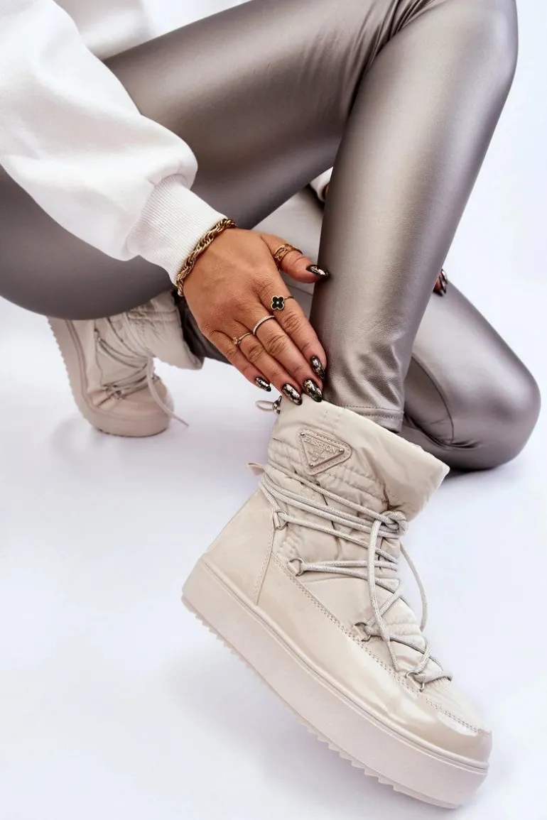 Damskie Modne Śniegowce Sznurowane Jasnobeżowe Carrios