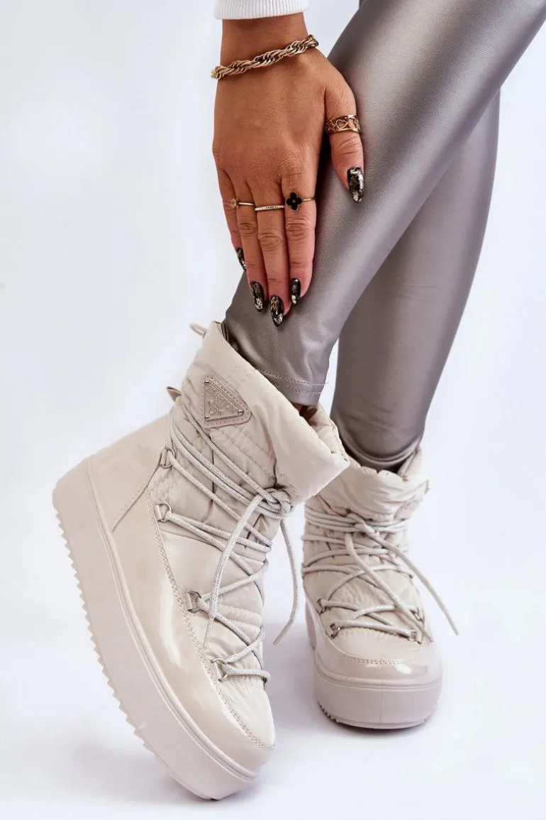 Damskie Modne Śniegowce Sznurowane Jasnobeżowe Carrios