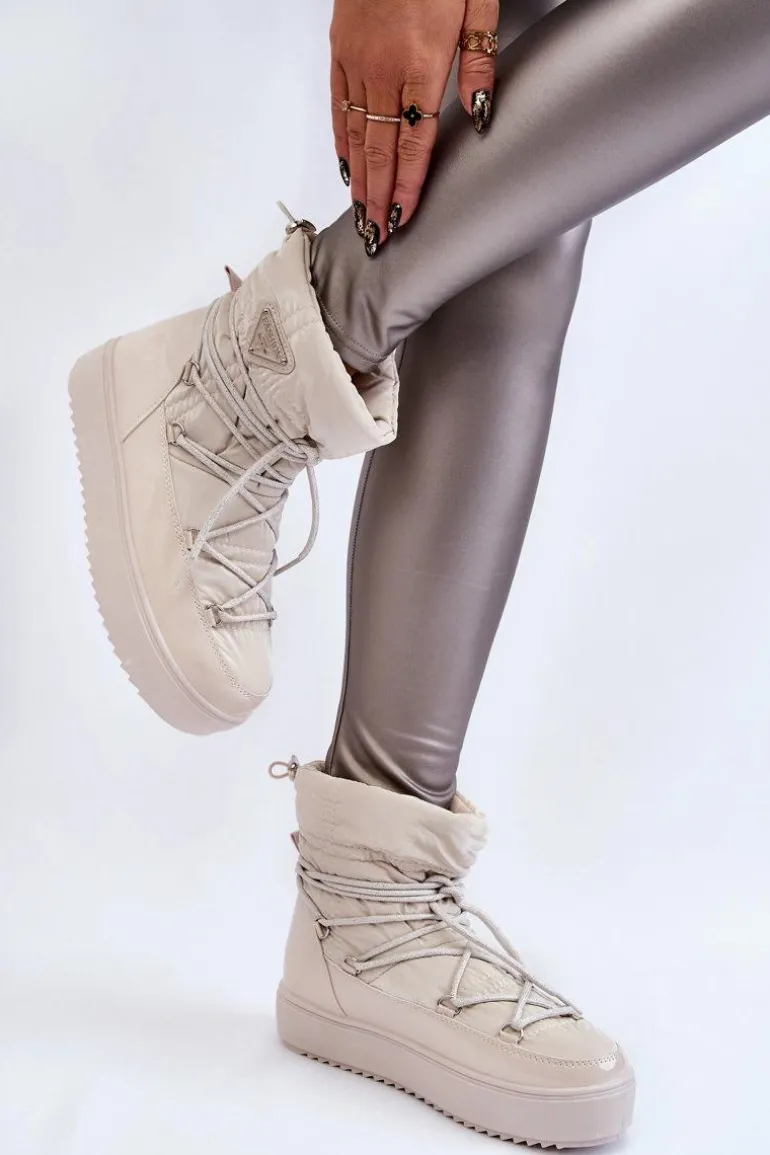 Damskie Modne Śniegowce Sznurowane Jasnobeżowe Carrios