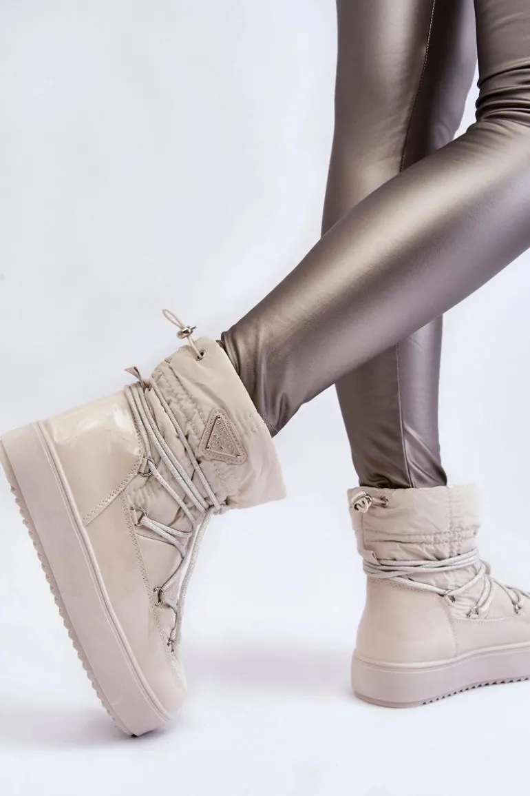 Damskie Modne Śniegowce Sznurowane Jasnobeżowe Carrios