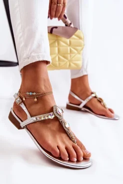 Damskie Modne Sandały Japonki Z Ozdobnymi Dżetami Srebrne Bellia