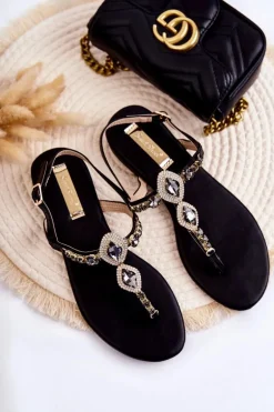 Damskie Modne Sandały Japonki Z Ozdobnymi Dżetami Czarne Bellia