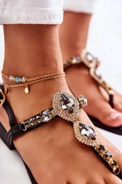 Damskie Modne Sandały Japonki Z Ozdobnymi Dżetami Czarne Bellia