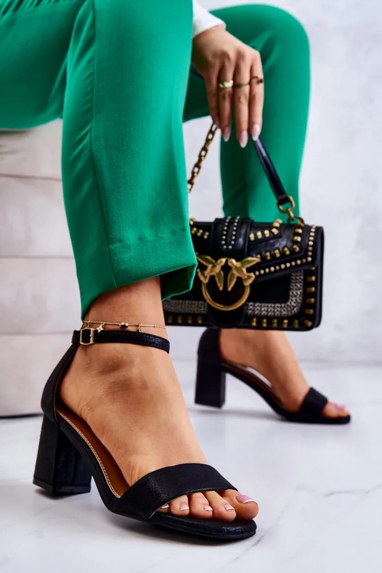 Damskie Modne Sandały Na Słupku Czarne Lucida