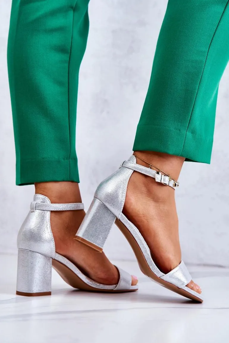 Damskie Modne Sandały Na Słupku Srebrne Lucida