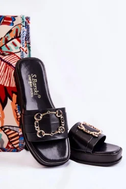 Damskie Modne Skórzane Klapki Czarne Adaline