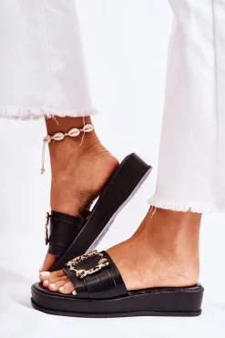 Damskie Modne Skórzane Klapki Czarne Adaline