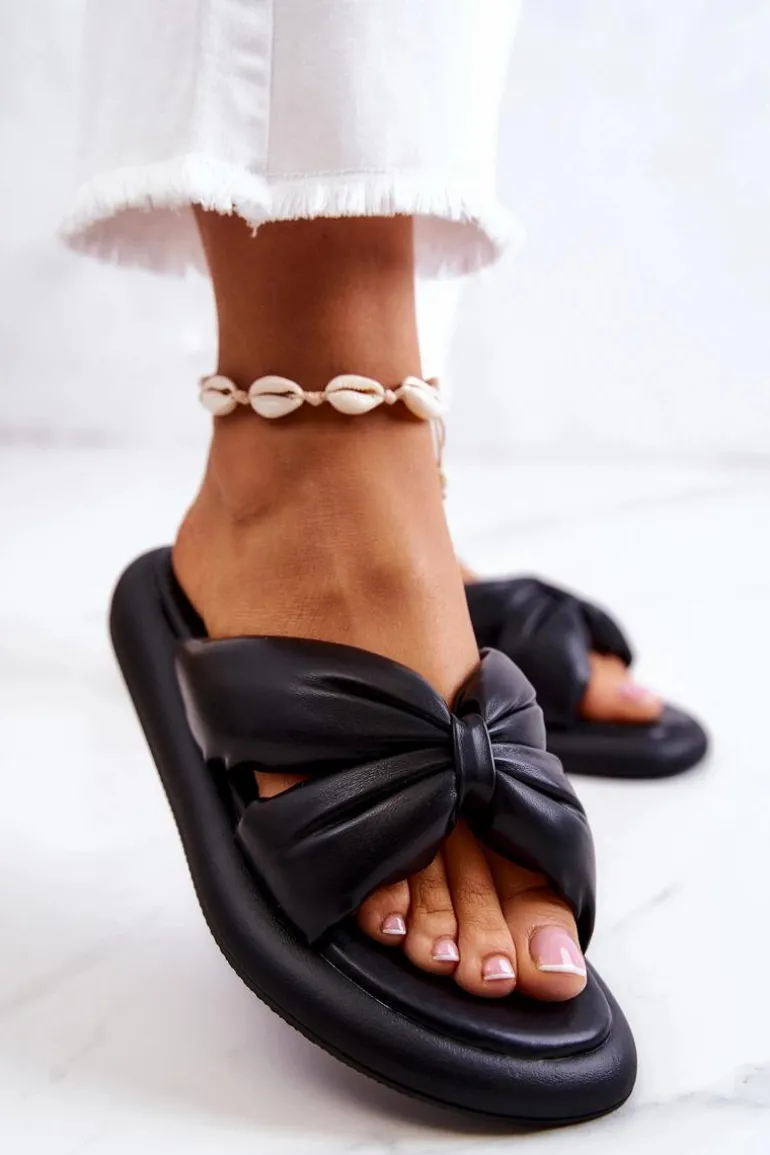 Damskie Modne Skórzane Klapki Czarne Savirra