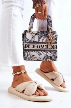 Damskie Modne Skórzane Klapki Beżowe Savirra