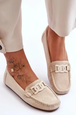Damskie Modne Zamszowe Mokasyny Beżowe Rabell