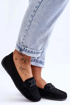 Damskie Modne Zamszowe Mokasyny Czarne Rabell