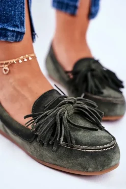 Damskie Mokasyny Maciejka Skórzane Oliwkowe 04830-24