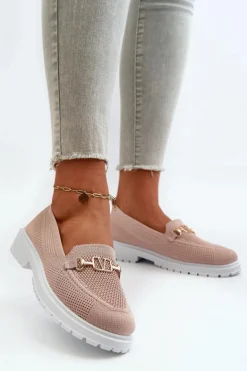 Damskie Mokasyny Na Płaskim Obcasie Ze Złotym Detalem Różowe Limentia