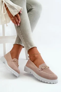 Damskie Mokasyny Na Płaskim Obcasie Ze Złotym Detalem Różowe Limentia