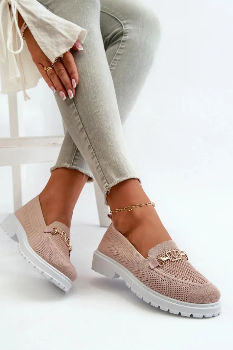 Damskie Mokasyny Na Płaskim Obcasie Ze Złotym Detalem Różowe Limentia