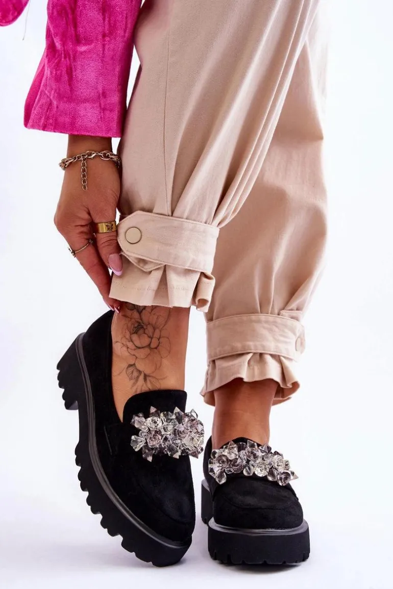 Damskie Mokasyny Na Platformie Z Ozdobami Czarne Brenda