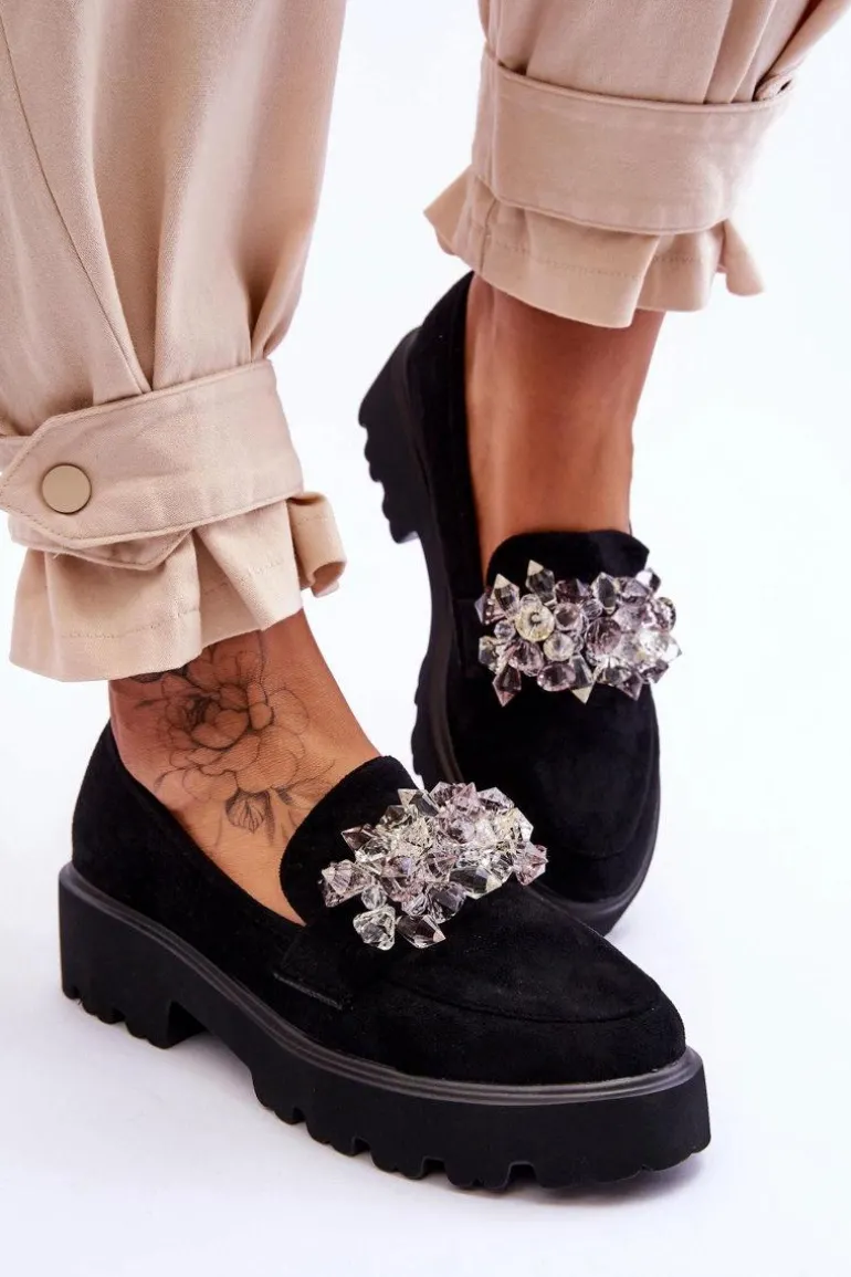 Damskie Mokasyny Na Platformie Z Ozdobami Czarne Brenda