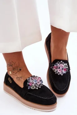 Damskie Mokasyny Na Platformie Z Kamieniami Czarne Elonore
